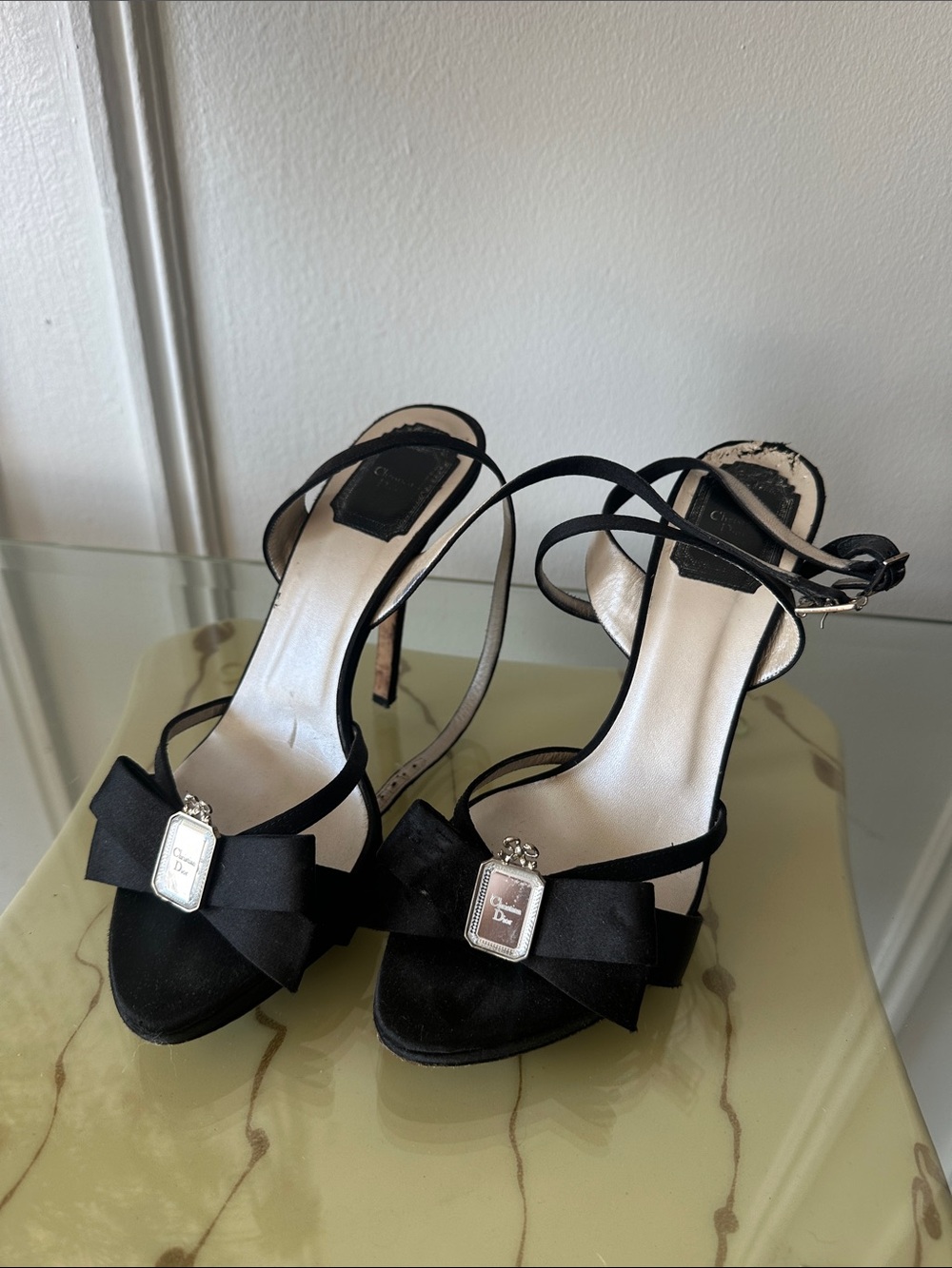 Dior Black Satin Bow Open-Toe Ankle-Strap Heels with Silver Logo Plaque